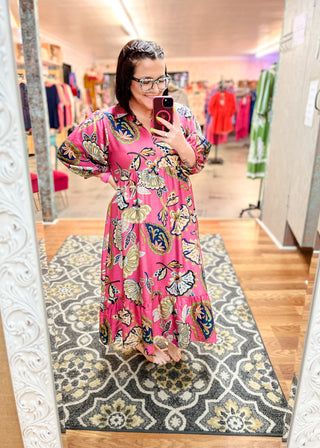 Pink Boho Paisley Tiered Midi Dress