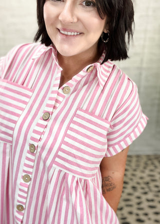 Pink Cotton Striped Button Down Tunic Dress