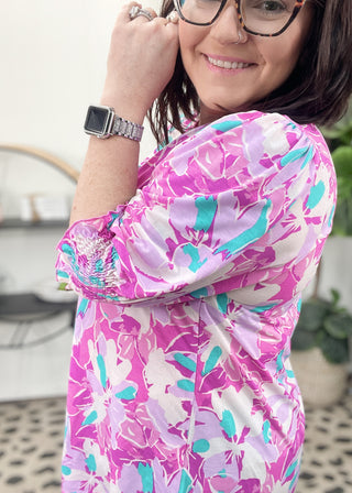 Pink Floral Wrinkle Free Liz Smock Top | S-3X