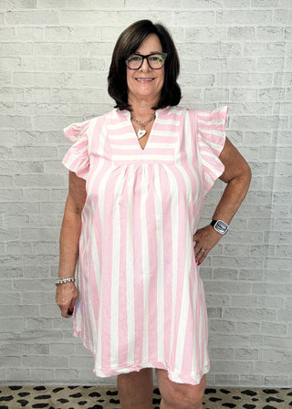 Pink Striped V-Neck Ruffle Sleeve Dress