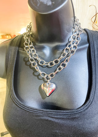 Puffy Heart Oval Link Layered Necklace