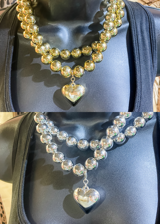 Puffy Heart Pendant Layered Ball Bead Necklace