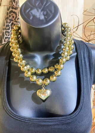 Puffy Heart Pendant Layered Ball Bead Necklace