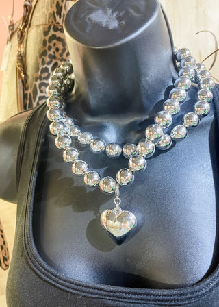 Puffy Heart Pendant Layered Ball Bead Necklace