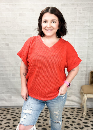 Red Crochet V-Neck Sweater Top