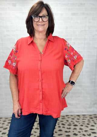 Red Embroidered Sleeve Linen Button Down Top