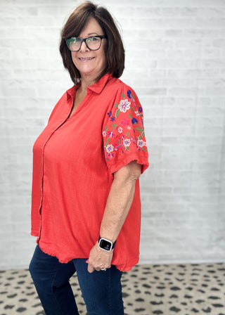 Red Embroidered Sleeve Linen Button Down Top