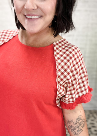 Red Linen Checker Plaid Detail Top