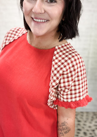 Red Linen Checker Plaid Detail Top