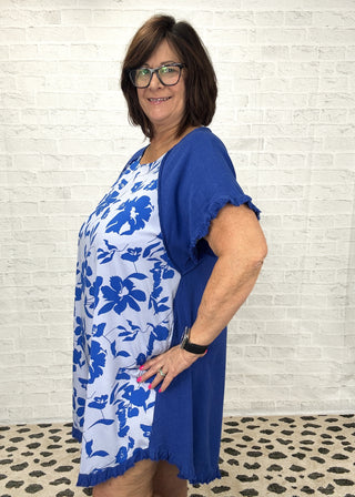 Royal Blue Linen Blend Floral Print High Low Midi Dress