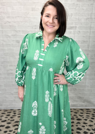 Sage Boho Print Midi Dress with Puff Sleeves