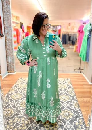 Sage Boho Print Midi Dress with Puff Sleeves