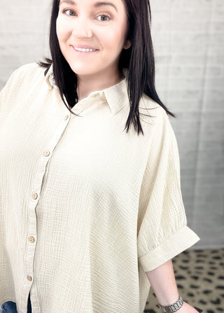 Sand Beige Washed Double Gauze Button Down Shirt