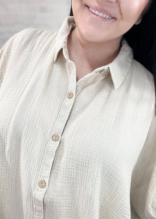 Sand Beige Washed Double Gauze Button Down Shirt