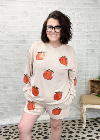 Sequin Pumpkin Patched Pullover & Shorts Set