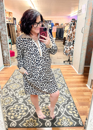 Striped Collar Leopard Print Flared Dress