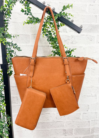 Tan 3-Piece Faux Leather Tote, Pouch & Wallet Set