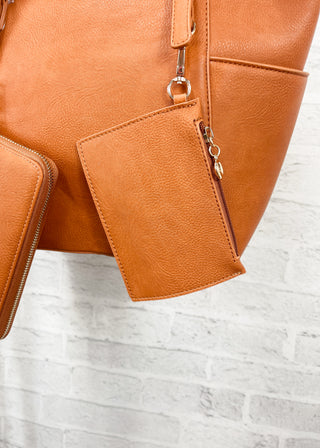 Tan 3-Piece Faux Leather Tote, Pouch & Wallet Set
