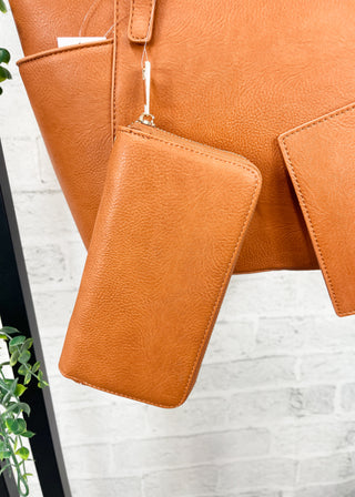 Tan 3-Piece Faux Leather Tote, Pouch & Wallet Set