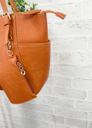 Tan 3-Piece Faux Leather Tote, Pouch & Wallet Set