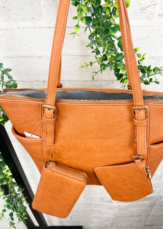 Tan 3-Piece Faux Leather Tote, Pouch & Wallet Set