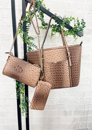 Tan Embossed Croc 3-Piece Bag Set