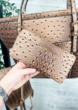 Tan Embossed Croc 3-Piece Bag Set