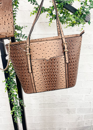 Tan Embossed Croc 3-Piece Bag Set