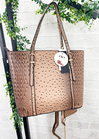 Tan Embossed Croc 3-Piece Bag Set