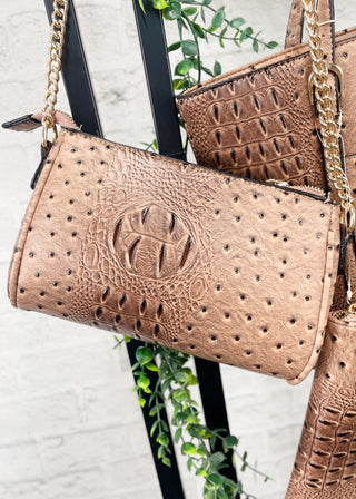 Tan Embossed Croc 3-Piece Bag Set
