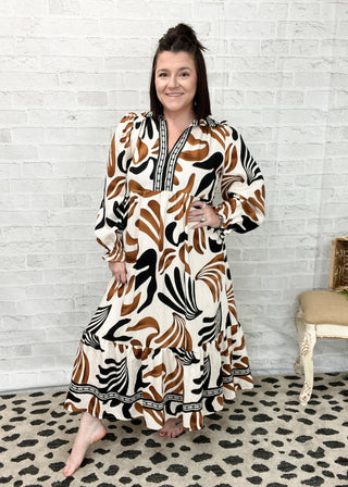 Taupe Boho Leafy Print Maxi Dress