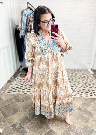 Taupe Damask Ruffle Sleeve Midi Dress