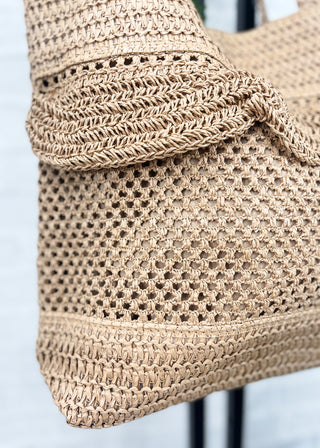 Taupe Ruffle Detail Crochet Straw Tote Bag
