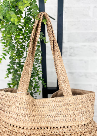 Taupe Ruffle Detail Crochet Straw Tote Bag