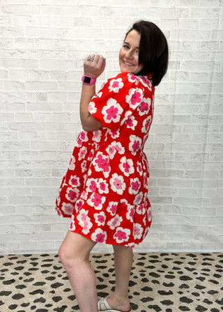 Tomato Red Floral Print Tiered Bubble Sleeve Dress