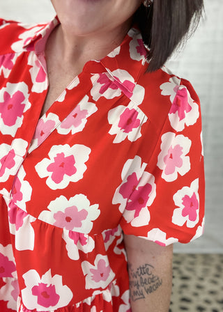 Tomato Red Floral Print Tiered Bubble Sleeve Dress