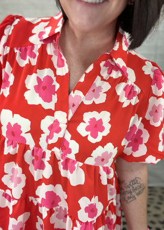 Tomato Red Floral Print Tiered Bubble Sleeve Dress