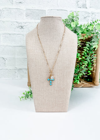 Turquoise Cross Charm & Oval Crystal Necklace