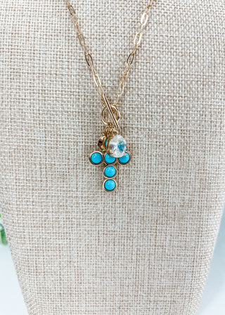 Turquoise Cross Charm & Oval Crystal Necklace
