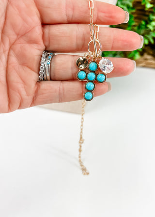 Turquoise Cross Charm & Oval Crystal Necklace