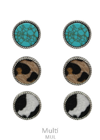 Turquoise Stone & Animal Print Round Post Earring Set