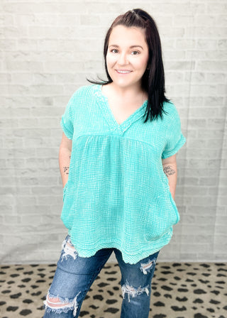 Turquoise Washed Double Gauze Raw Edge Top
