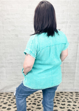 Turquoise Washed Double Gauze Raw Edge Top