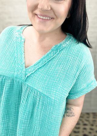 Turquoise Washed Double Gauze Raw Edge Top