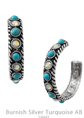 Turquoise & Rhinestone Metal Hoop Earring