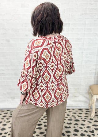 Wine Boho Geo Print Ruffle Sleeve Top