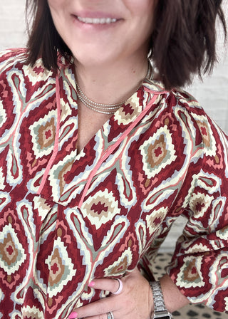 Wine Boho Geo Print Ruffle Sleeve Top