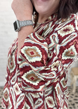 Wine Boho Geo Print Ruffle Sleeve Top