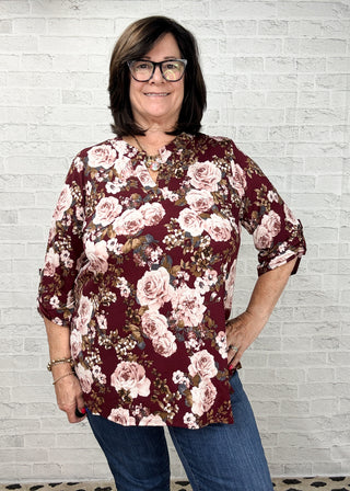 Wine Mauve Floral Lizzy Wrinkle Free Top - ALL SALES FINAL -