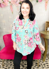 Aqua Floral Lizzy Wrinkle Free Top | S-3X